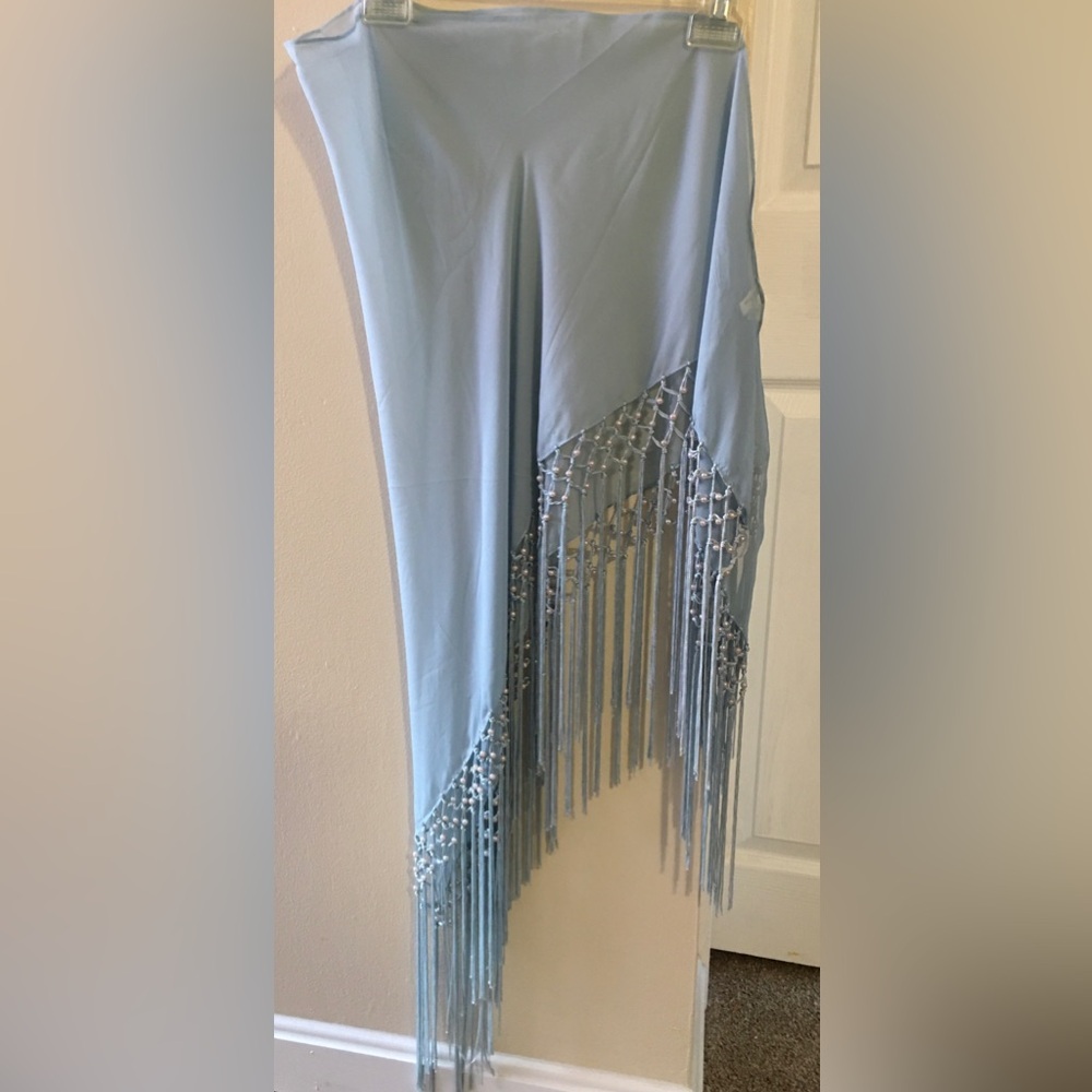 Light Blue Fringe Hip Scarf /Sarong With white pearls - Picture 7 of 10